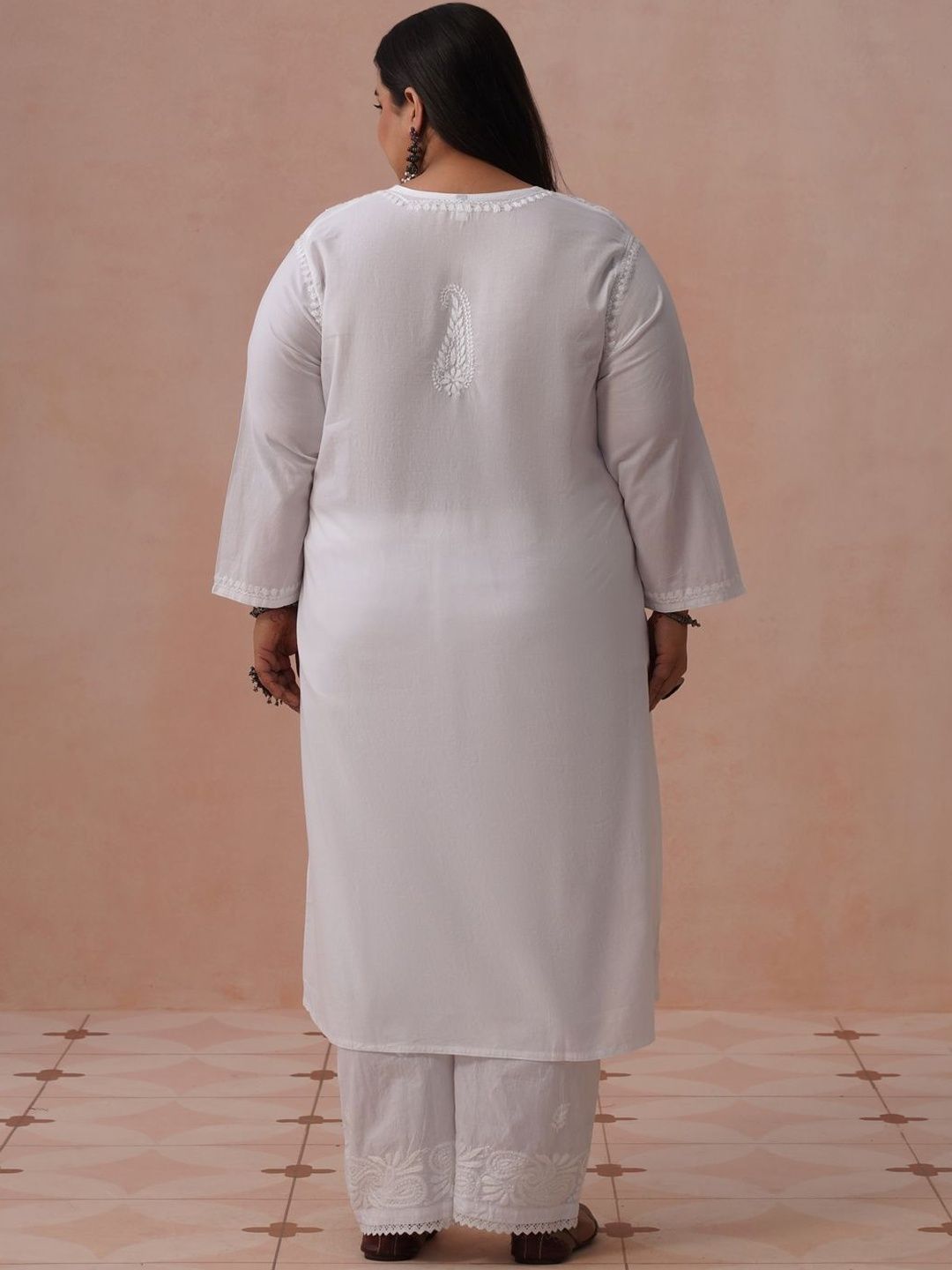 Rumah Motif Etnik Kapas Chikankari Kurta Panjang Betis Lurus