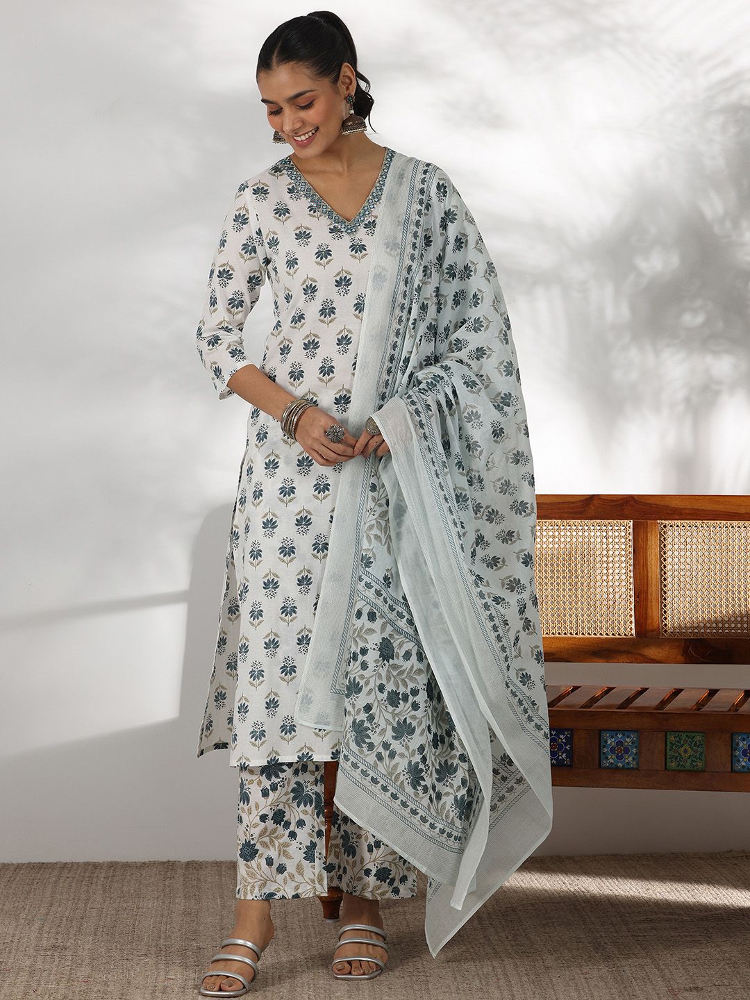 Libas Floral Printed Mirror Work V-Neck Pure Cotton Straight Kurta with Palazzo & Dupatta