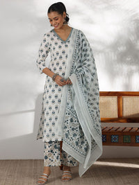 Libas Floral Printed Mirror Work V-Neck Pure Cotton Straight Kurta with Palazzo & Dupatta