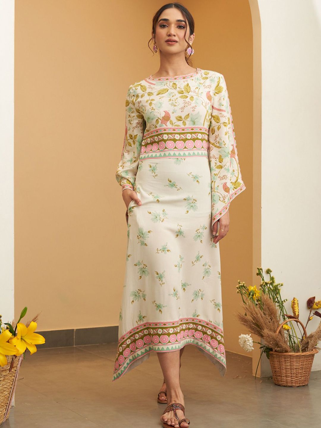 Rustorange Women Floral Print A-Line Midi Dress