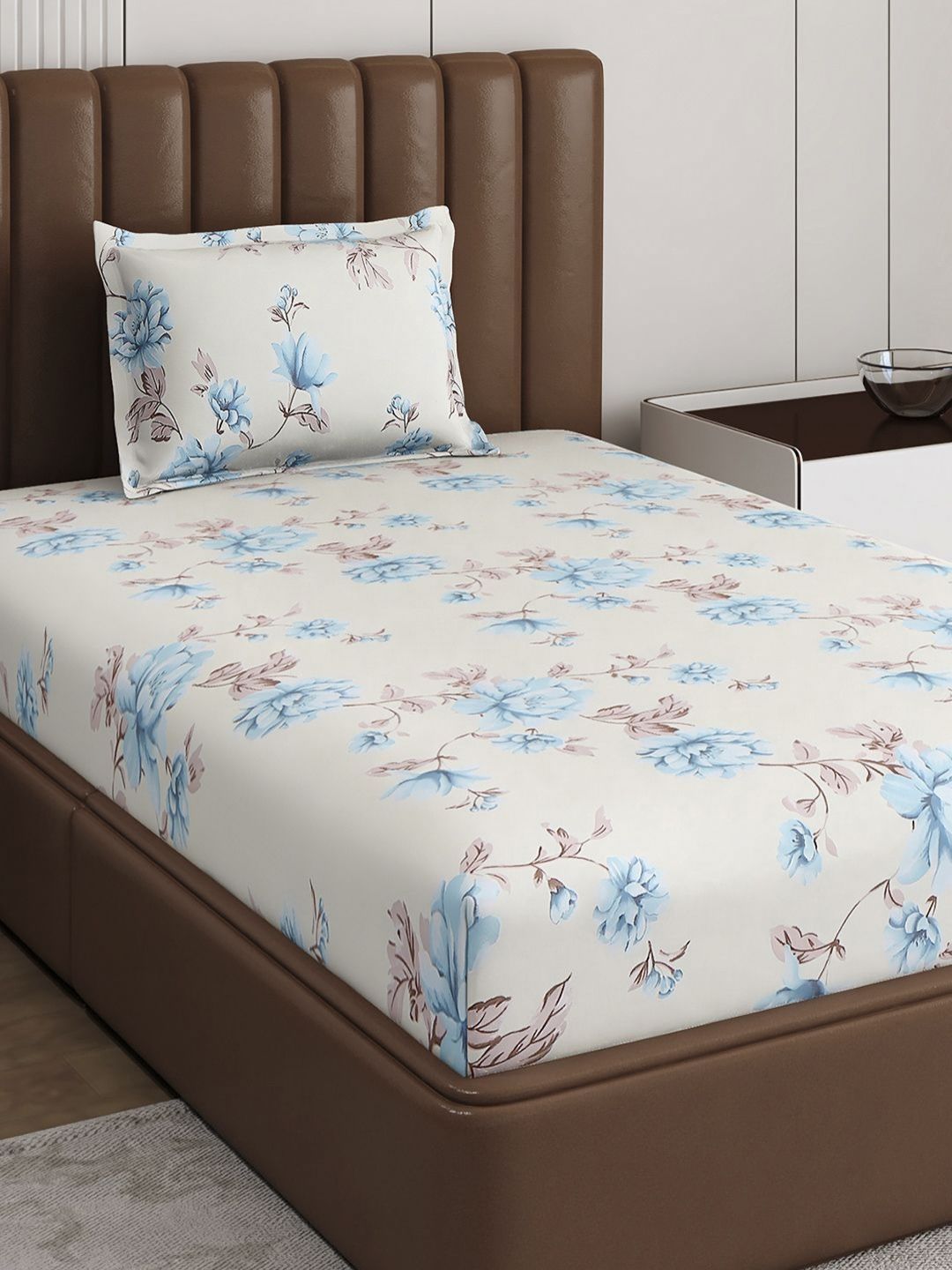 Monte Carlo Off White & Blue Floral Printed 120 TC Single Bedsheet Set 1.52 m x 2.30 m