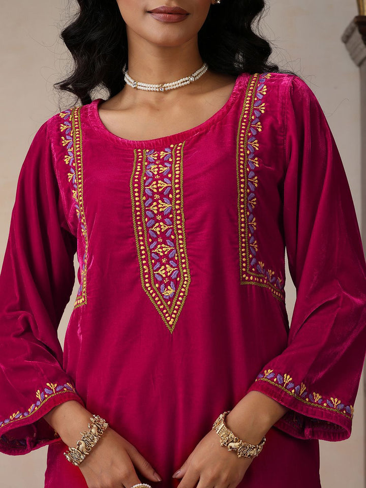 House of Chikankari Women Pink Velvet Chikankari Sulam Set Kurta