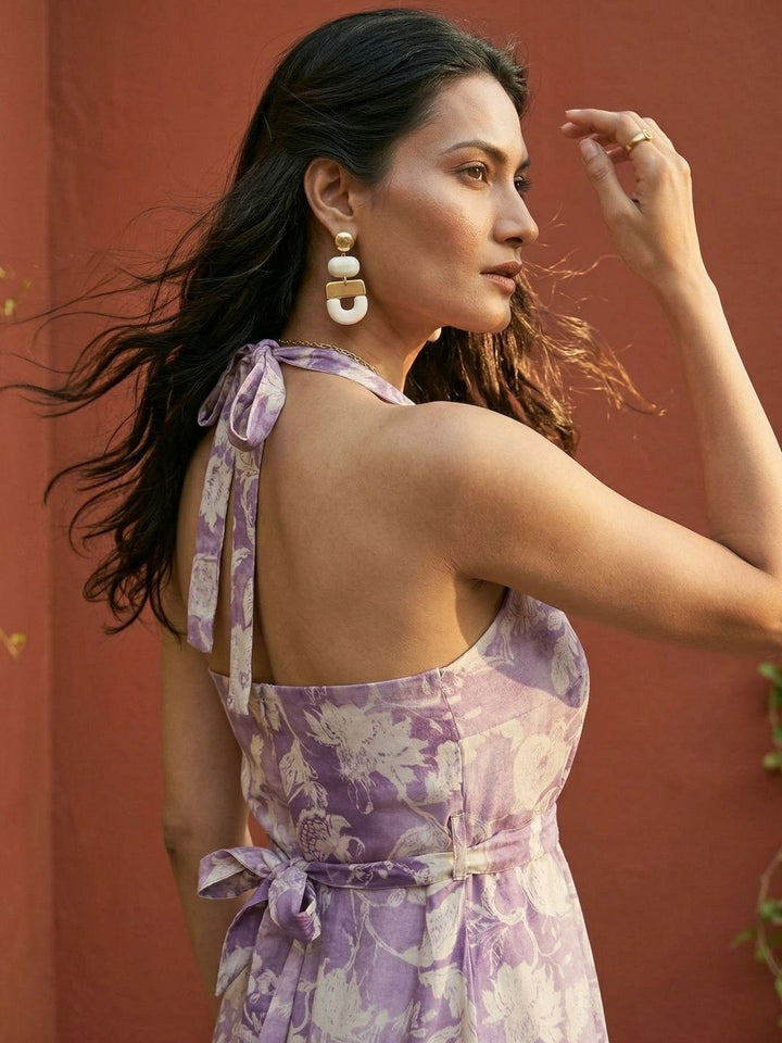 Mamicha Floral Printed Halter Neck Ruffled Crepe Fit And Flare Midi Dress