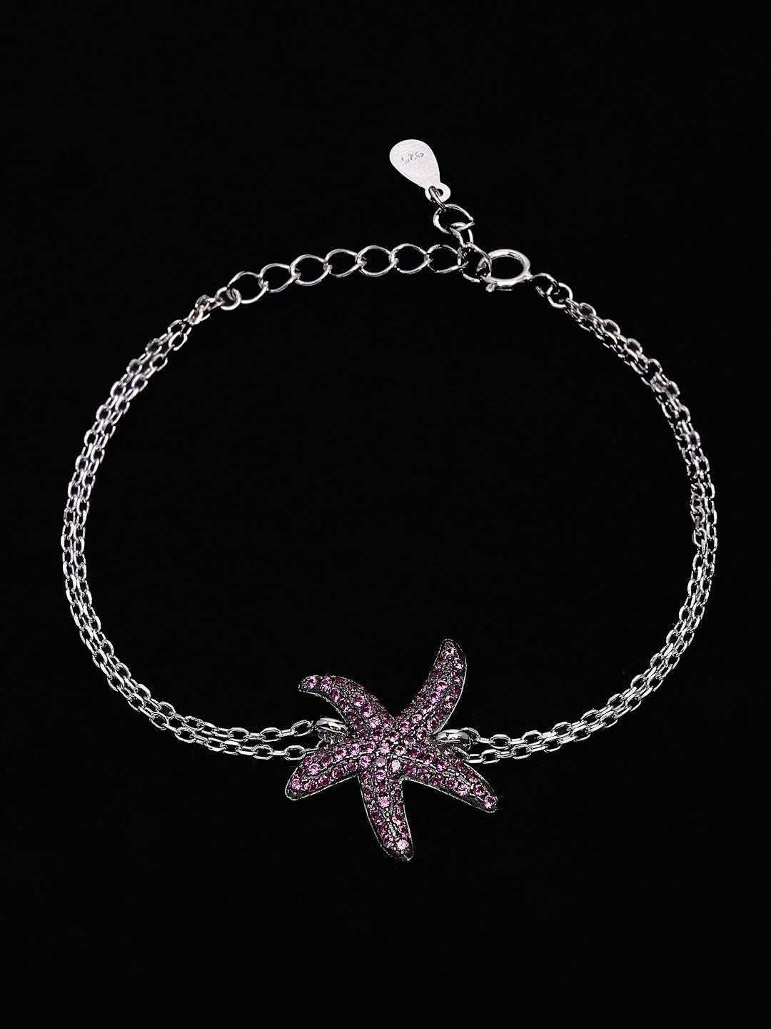 PANASH 925 Sterling Silver Rhodium-Plated Cubic Zirconia Studded Charm Bracelet