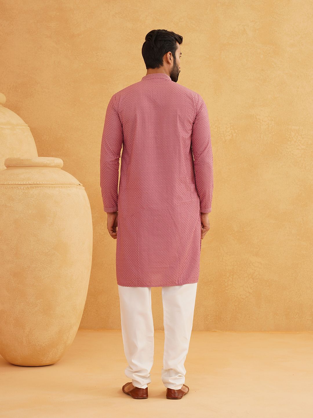 SOJANYA Kolar Mandarin Sulam Geometrik Pure Cotton Kurta Lurus