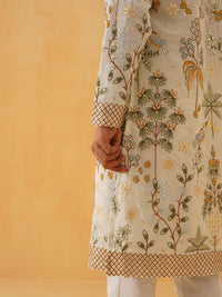 SOJANYA LUXE Floral Sulam Benang Kerja Kurta Lurus Georgette Dengan Seluar