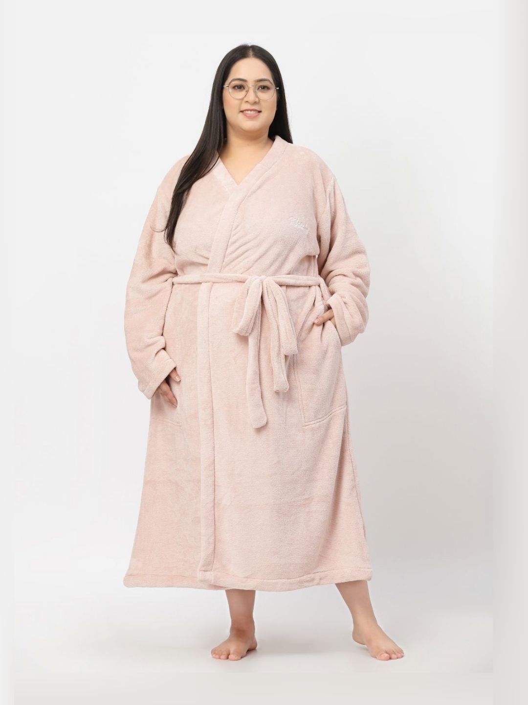 KLOTTHE Plus Size Woolen Long Sleeve Bath Robe With Belt