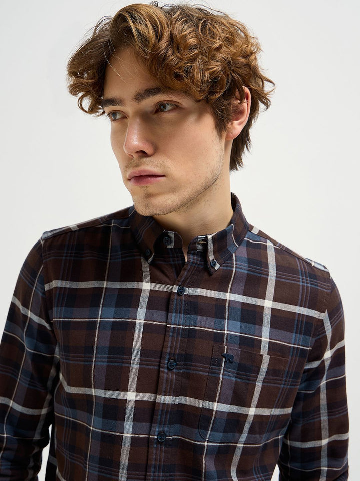 THE BEAR HOUSE Men Button-Down Collar Tartan Checked Cotton Casual Shirt