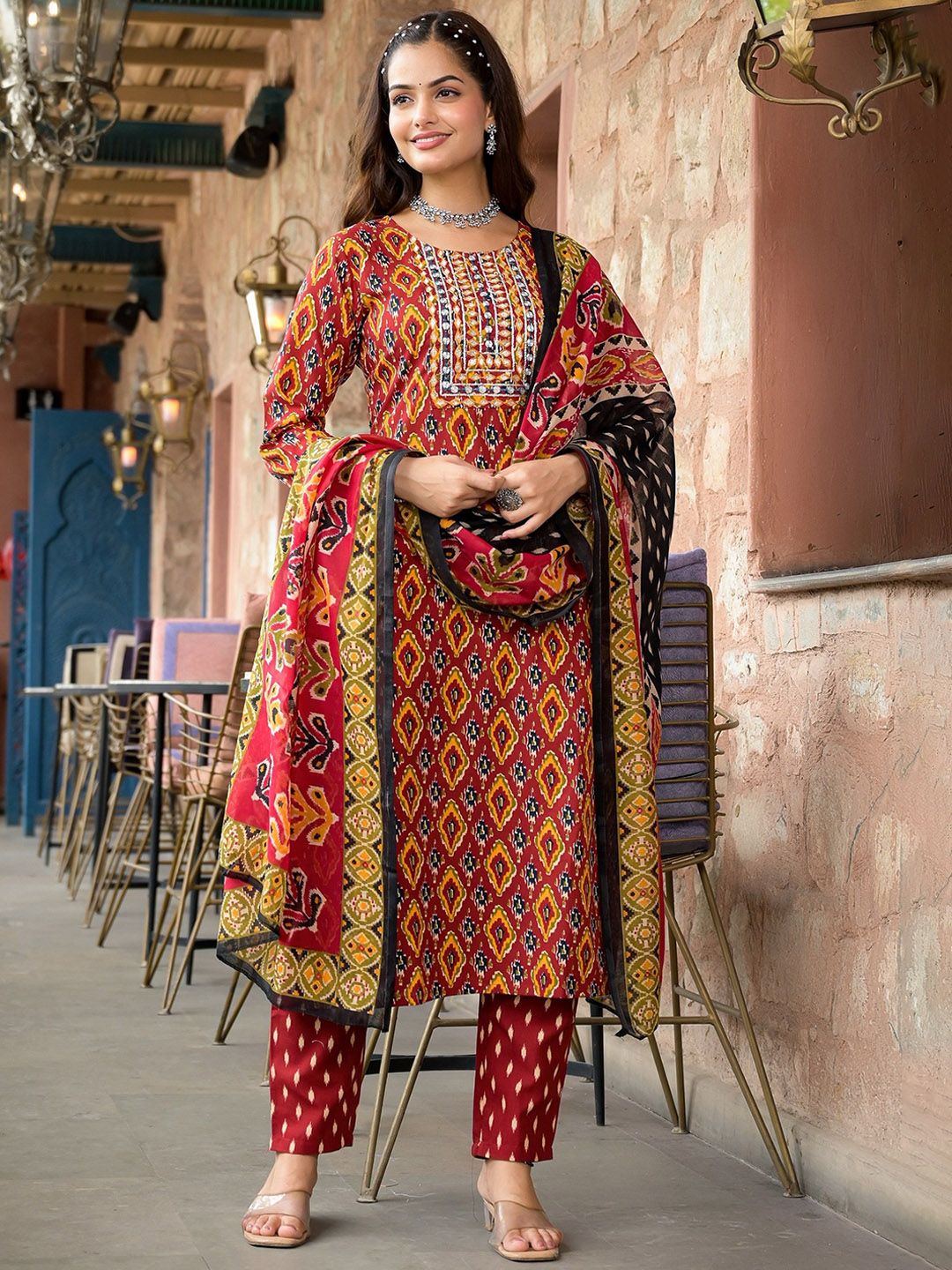 KALINI Geometric Printed Thread Work Straight Kurta With Trousers & Dupatta