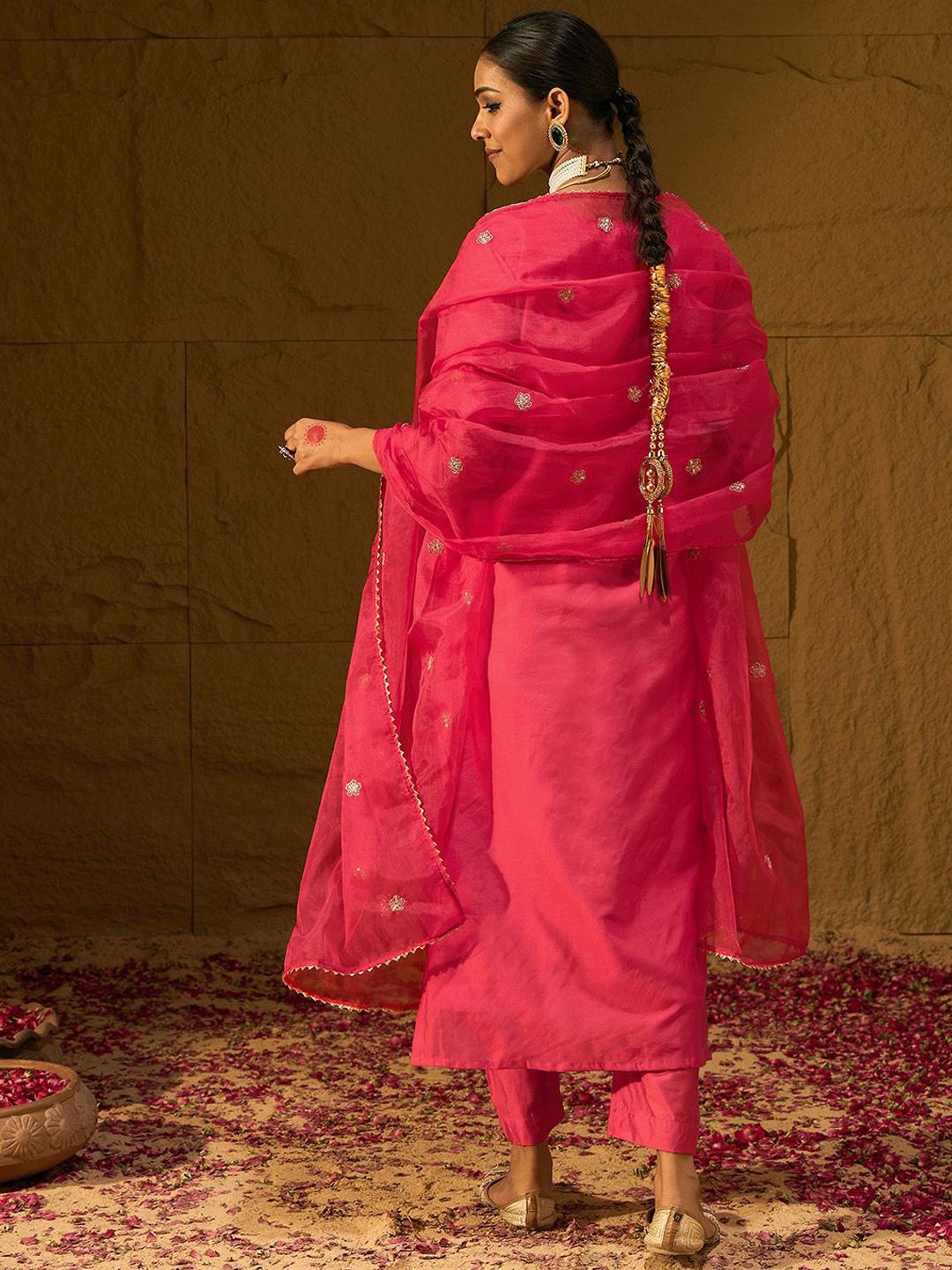 Indo Era Leheriya Embroidered Thread Work Chanderi Silk Kurta With Trousers & Dupatta