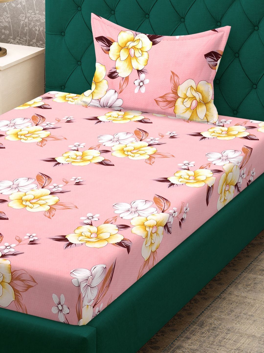 Myntra Elegant Homes Pink Floral Cotton 300 TC Single Cadar Halus dengan Sarung Bantal-225 x 150 cm