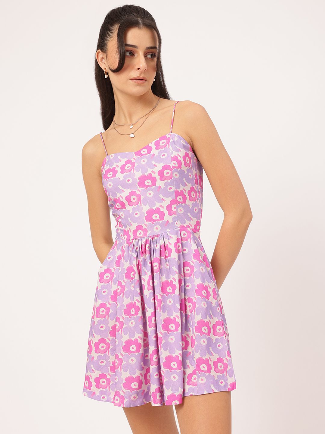 DressBerry Soft Pastel Floral Printed Shoulder Straps Fit & Flare Mini Dress