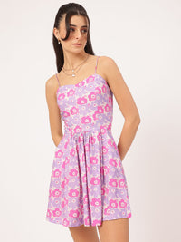 DressBerry Soft Pastel Floral Printed Shoulder Straps Fit & Flare Mini Dress