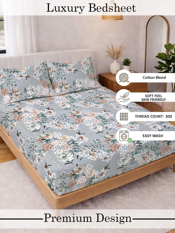 Myntra Elegant Homes Grey & Floral 300 TC King Bedsheet with 2 Pillow Covers