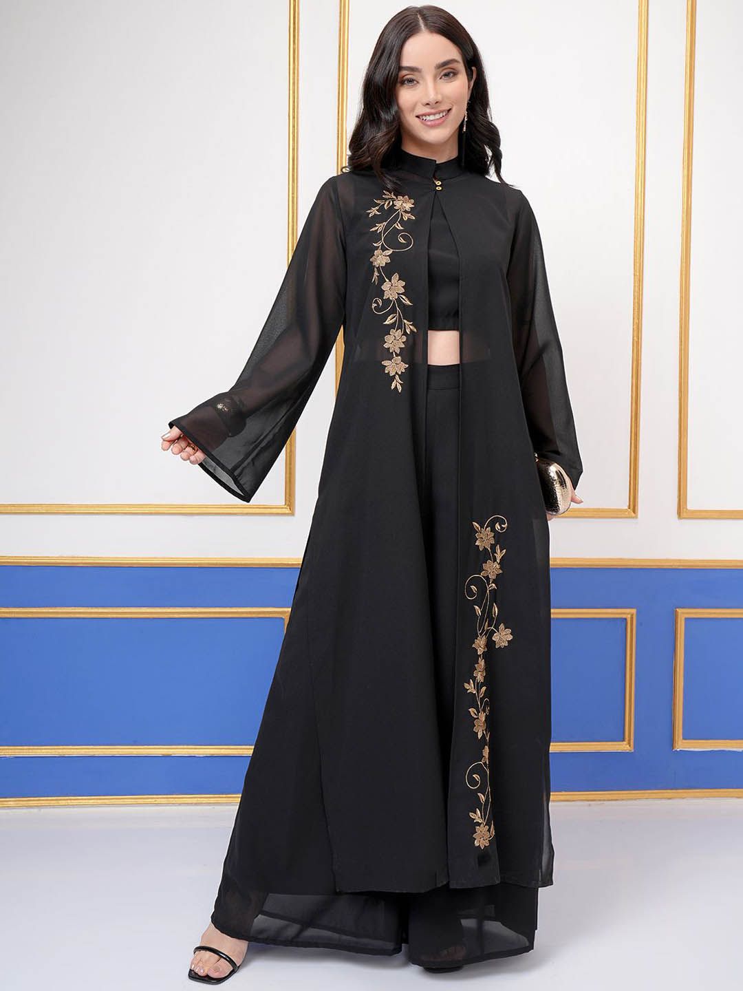 Vishudh Round Neck Sleeveless Top Wth Palazzo With Embroidered Shrug