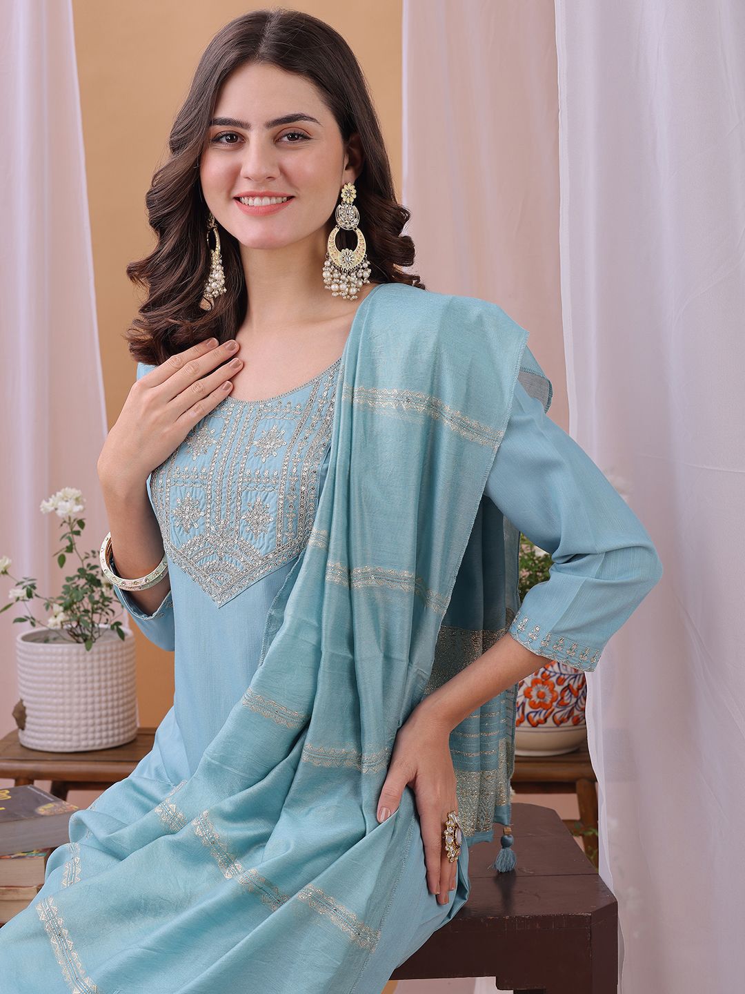 KALINI Yoke Design Sequinned Straight Kurta With Trousers And Dupatta