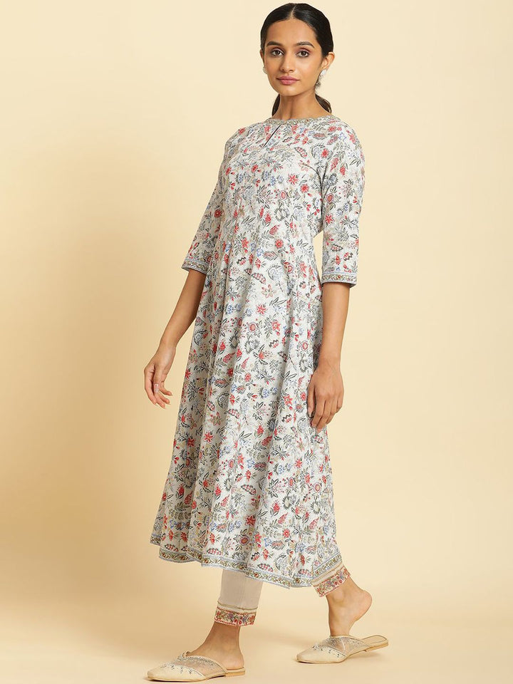 W Women Floral Printed Keyhole Neck Cotton Anarkali Kurta