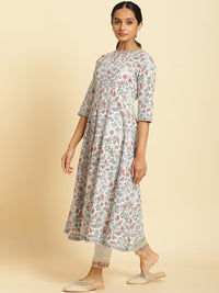 W Women Floral Printed Keyhole Neck Cotton Anarkali Kurta