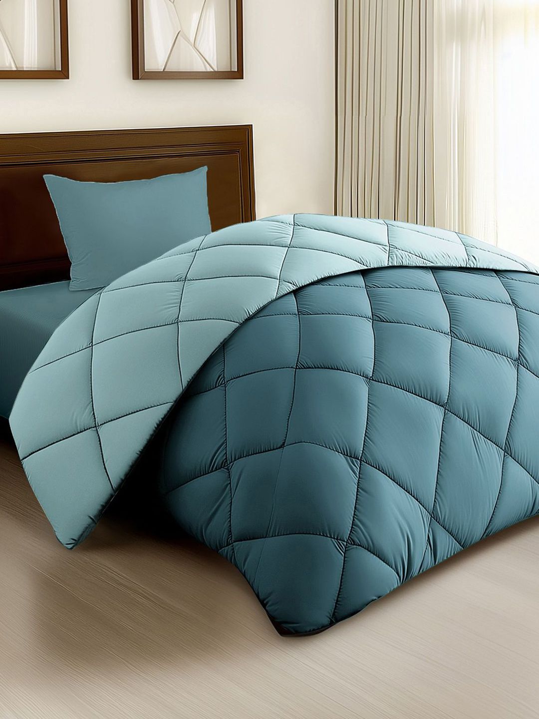 Story@home Turquoise Blue Solid Reversible 240 GSM Heavy Winter Single Bed Comforter
