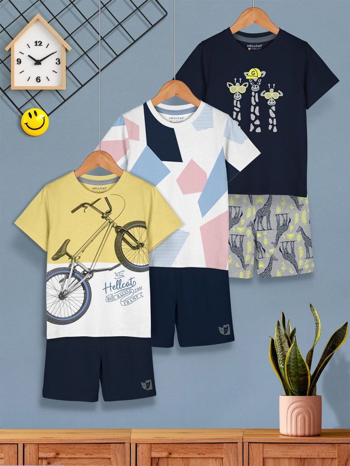 HELLCAT Boys Pack of 3 Printed Round Neck T-Shirts With Shorts