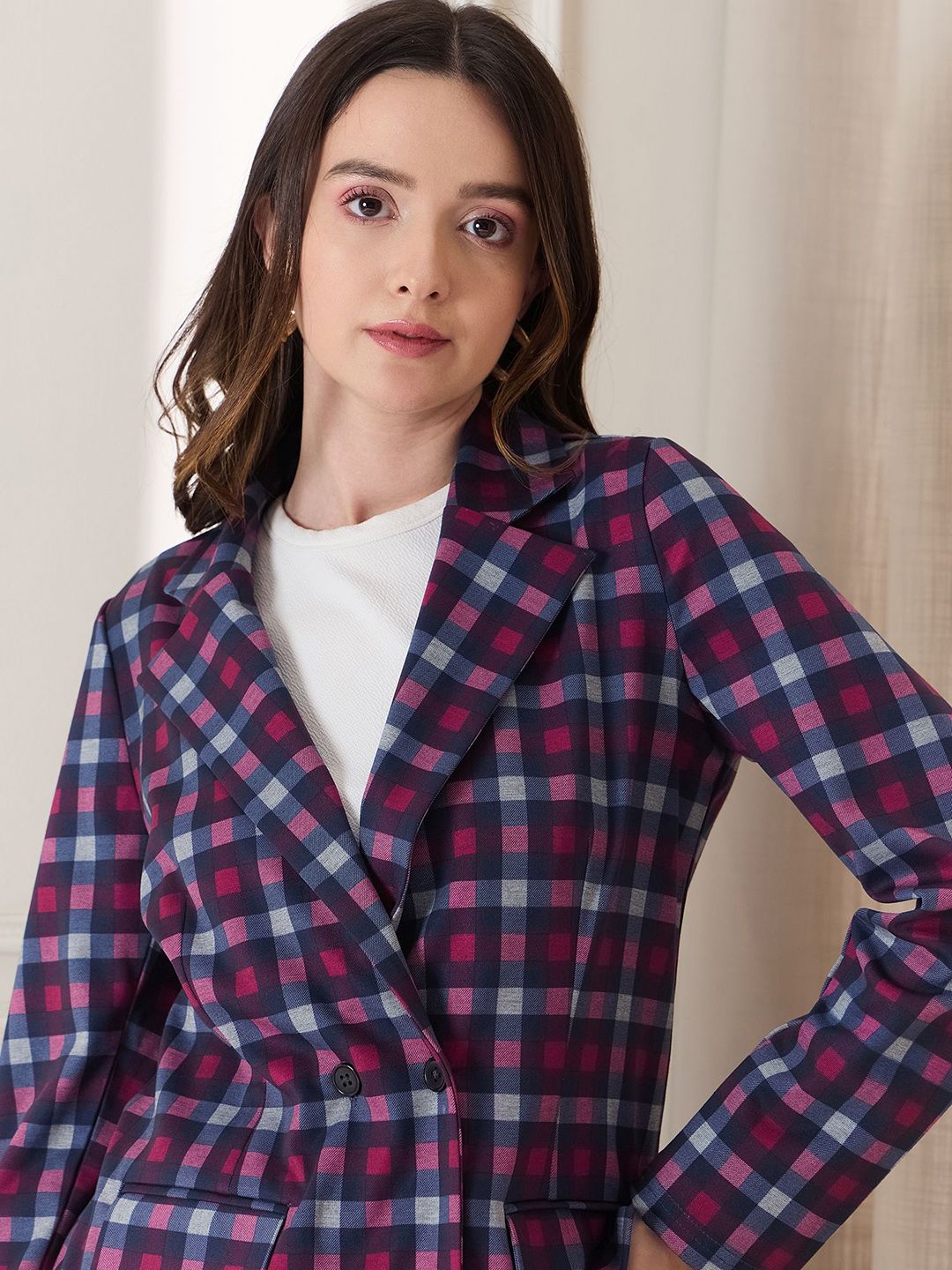 Berrylush Checked Long Sleeves Blazer With Skirt & Top