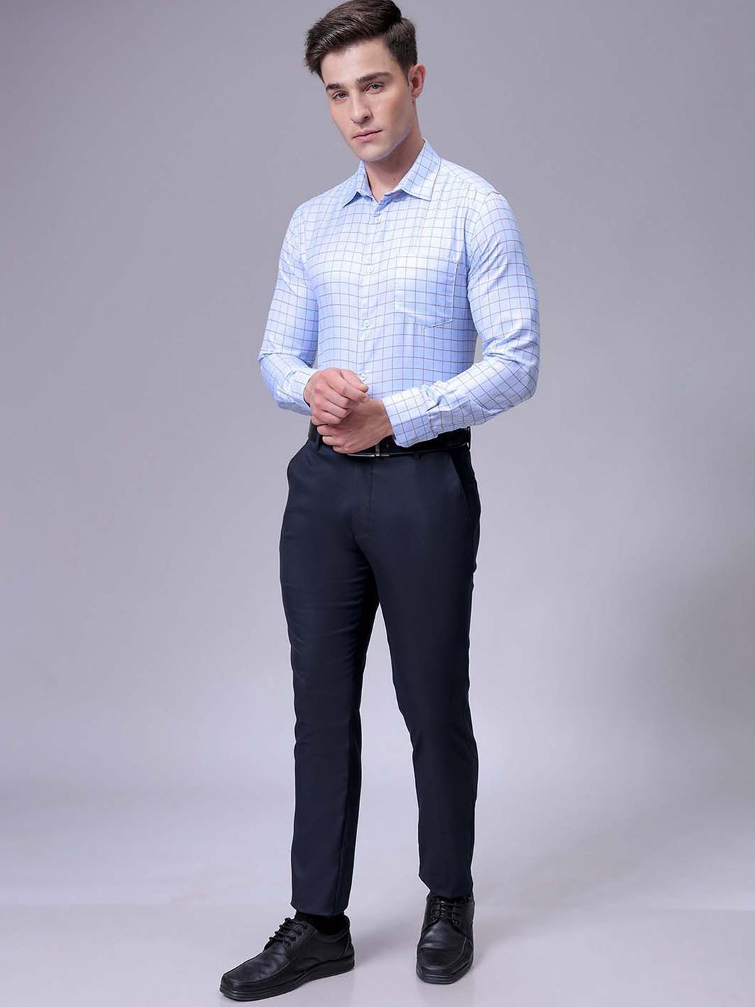 The Indian Garage Co. X Luxe Men Slim Fit Cutaway Collar Grid Tattersall Checked Formal Shirt