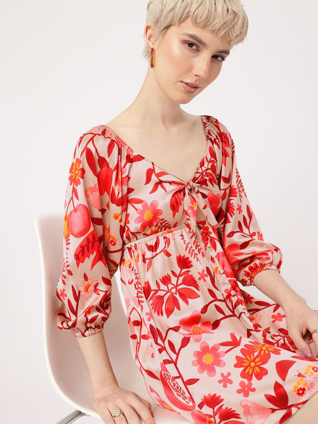 DressBerry Kawaii Chic Floral Printed Cut-Out A-Line Mini Dress