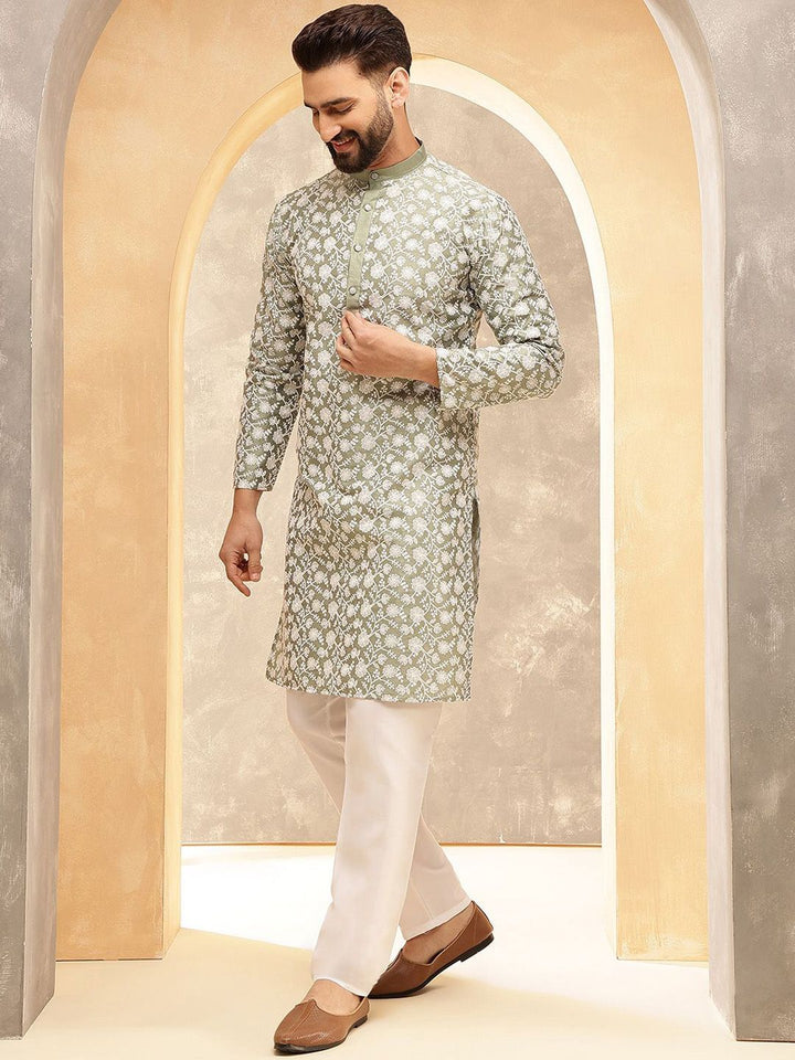 Anouk Pista Green & White Band Collar Floral Embroidered Straight Kurta