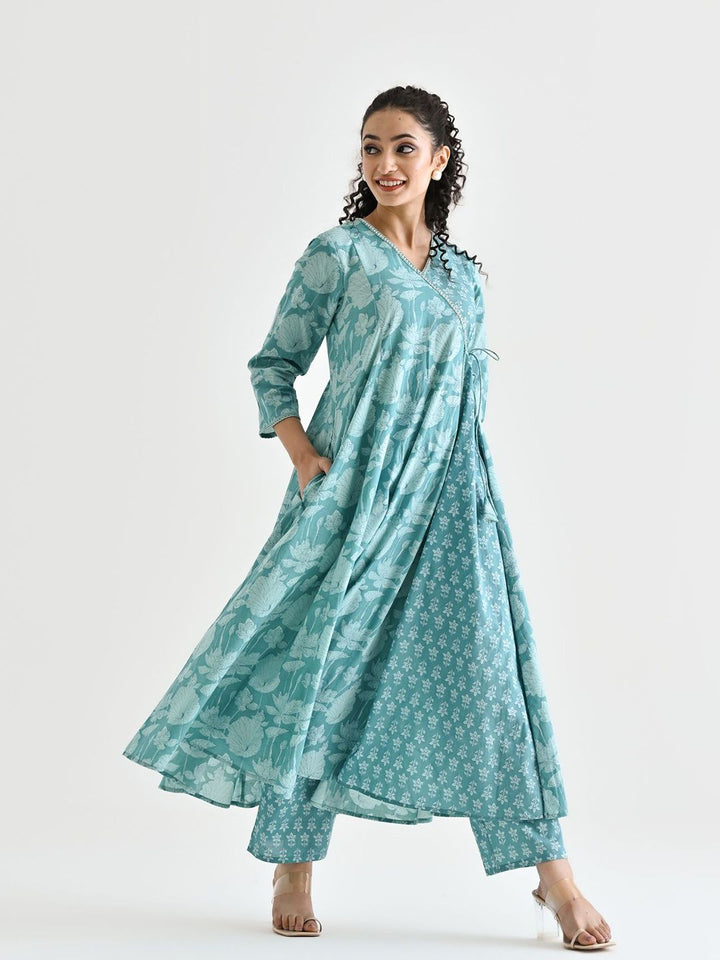 Rustorange Floral Printed Embroidered Neckline Pure Cotton Angarakha Tunic & Trouser