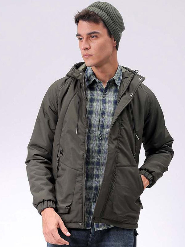 The Indian Garage Co Men Hooded Solid Puffer Utility Jacket