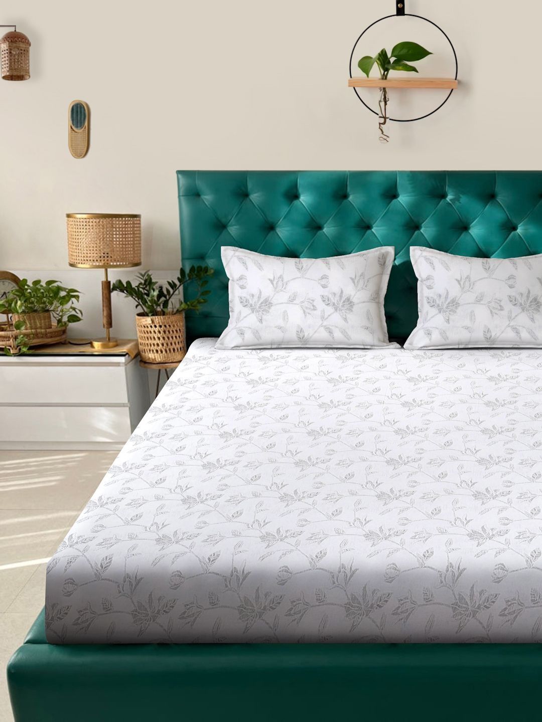 Myntra Elegant Homes White Floral 400 TC Bedsheet with 2 Pillow Covers