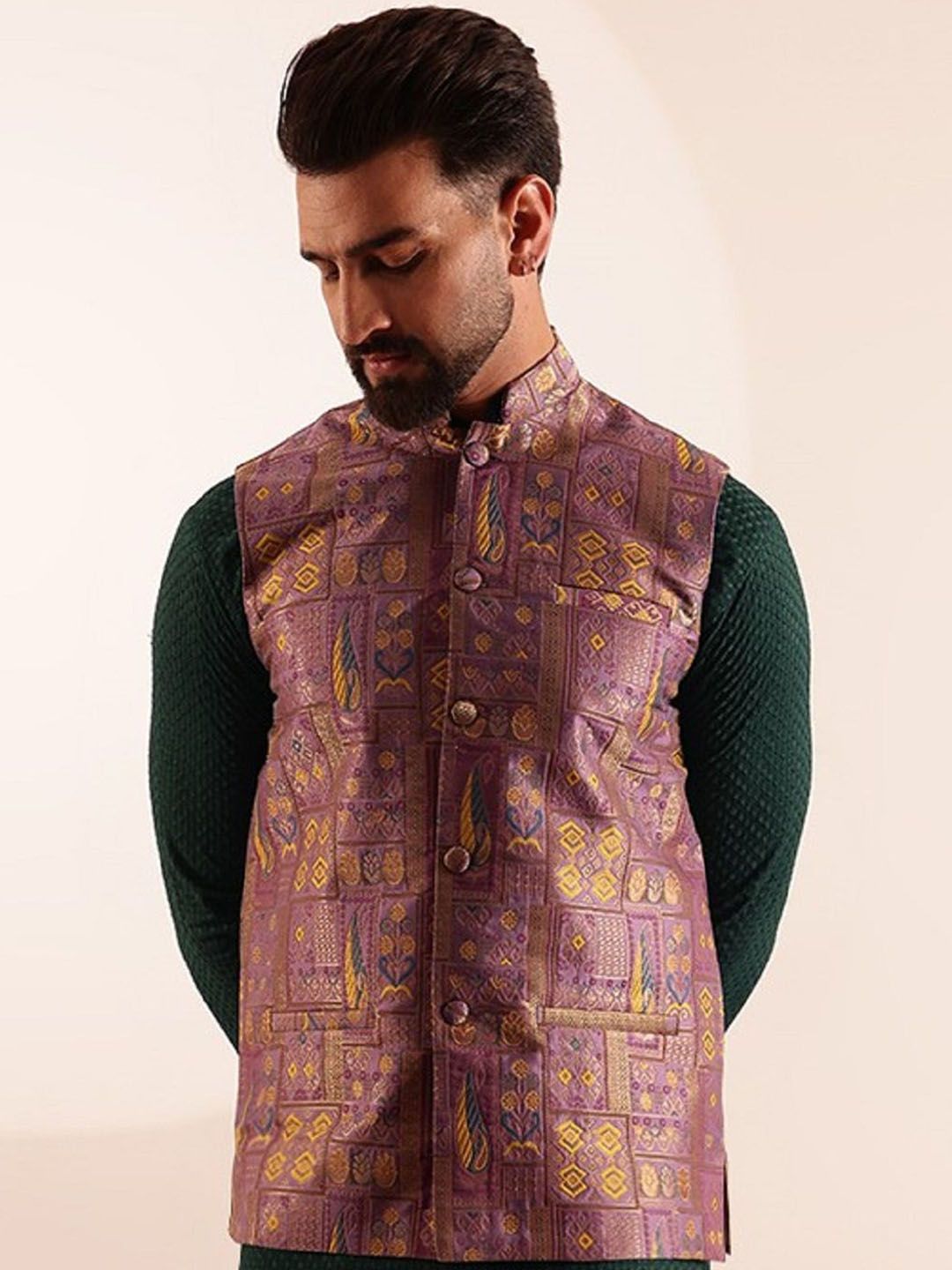 SOJANYA Jaket Nehru Brocade Rekaan Geometrik