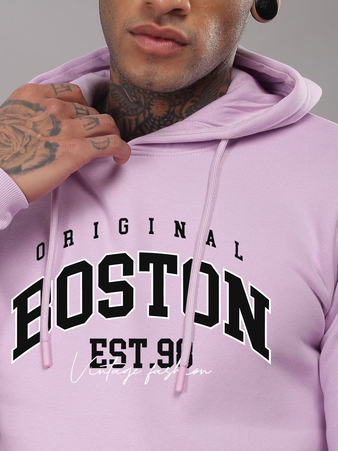 ADRO Men Typography Printed Hood Cotton Pullover Ribbed Sweatshirt