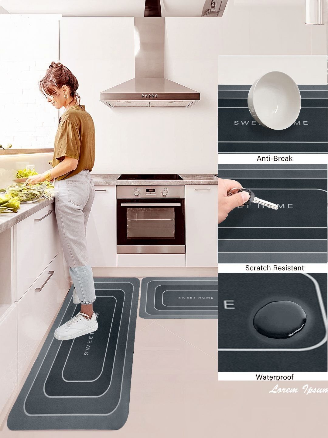 Cortina Grey 2 Pieces Printed Rectangular Anti-Skid Kitchen Mats
