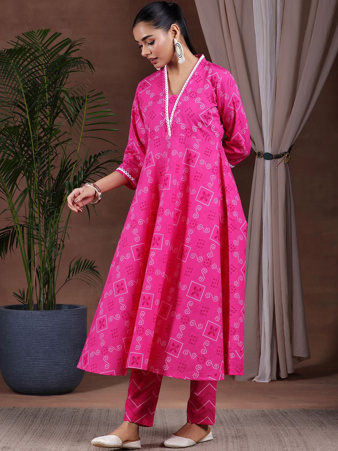 Libas Bandhani Printed Gotta Patti Pure Cotton Anarkali Kurta with Trousers & Dupatta