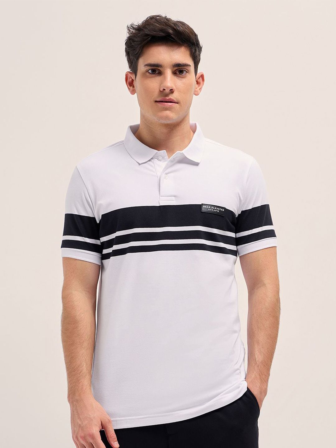 THE BEAR HOUSE Men Striped Polo Collar Cotton T-shirt