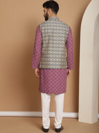 Anouk Geometic Embroidered Kurta With Churidar & Woven Design Nehru Jacket