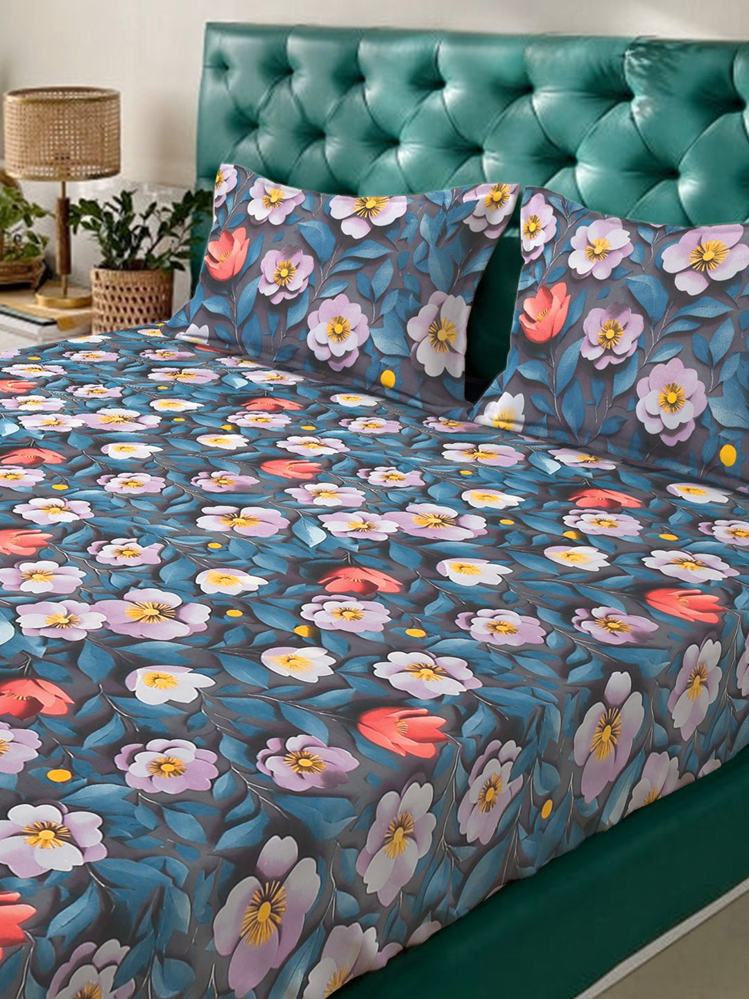 KLOTTHE Blue Floral Printed Fitted 300 TC Double King 7D Bedsheet With 2 Pillow Cover
