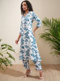 Vishudh Floral Printed Panelled Mirror Work Kurta With Trousers