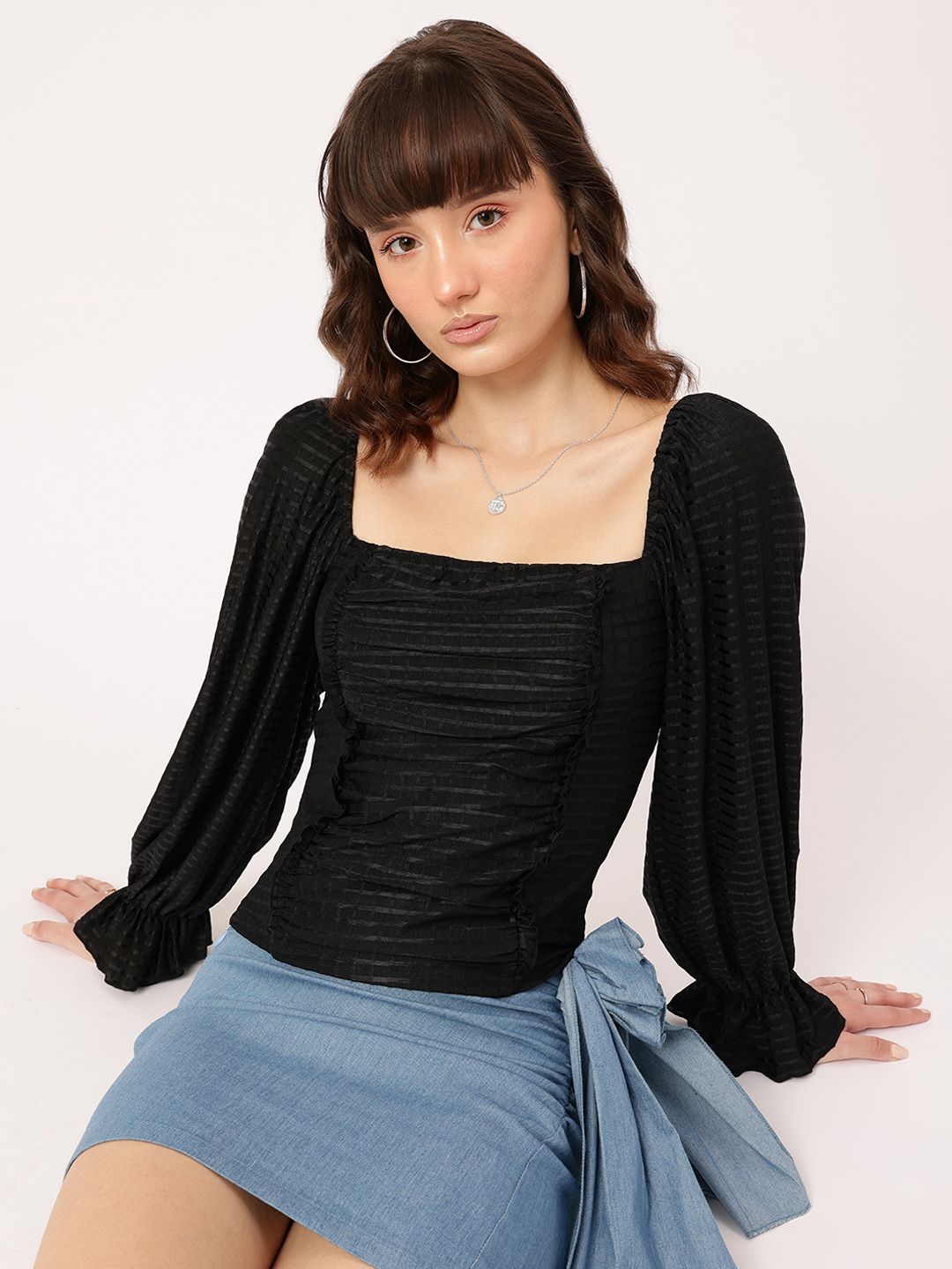 DressBerry Soft Grunge Glam Self Checked Smocked Ruched Top