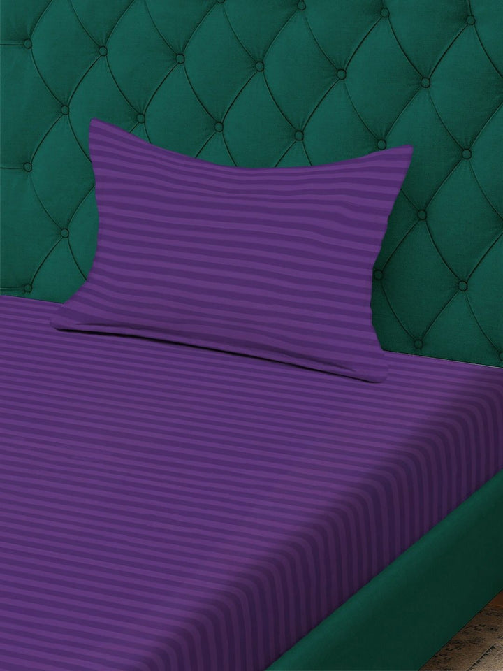 KLOTTHE Purple Striped 300 TC Single Bedsheet With 1 Pillow Covers