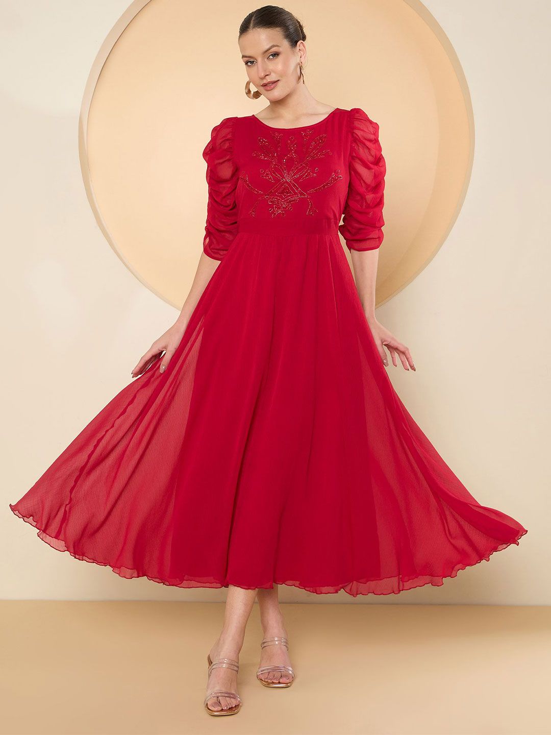 Antheaa Puff Sleeve Chiffon Maxi Dress