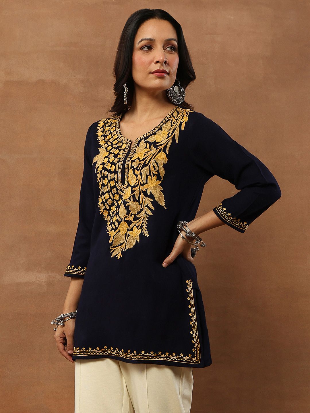 House of Chikankari Women Navy Blue Woollen Aari Embroidered Kurta