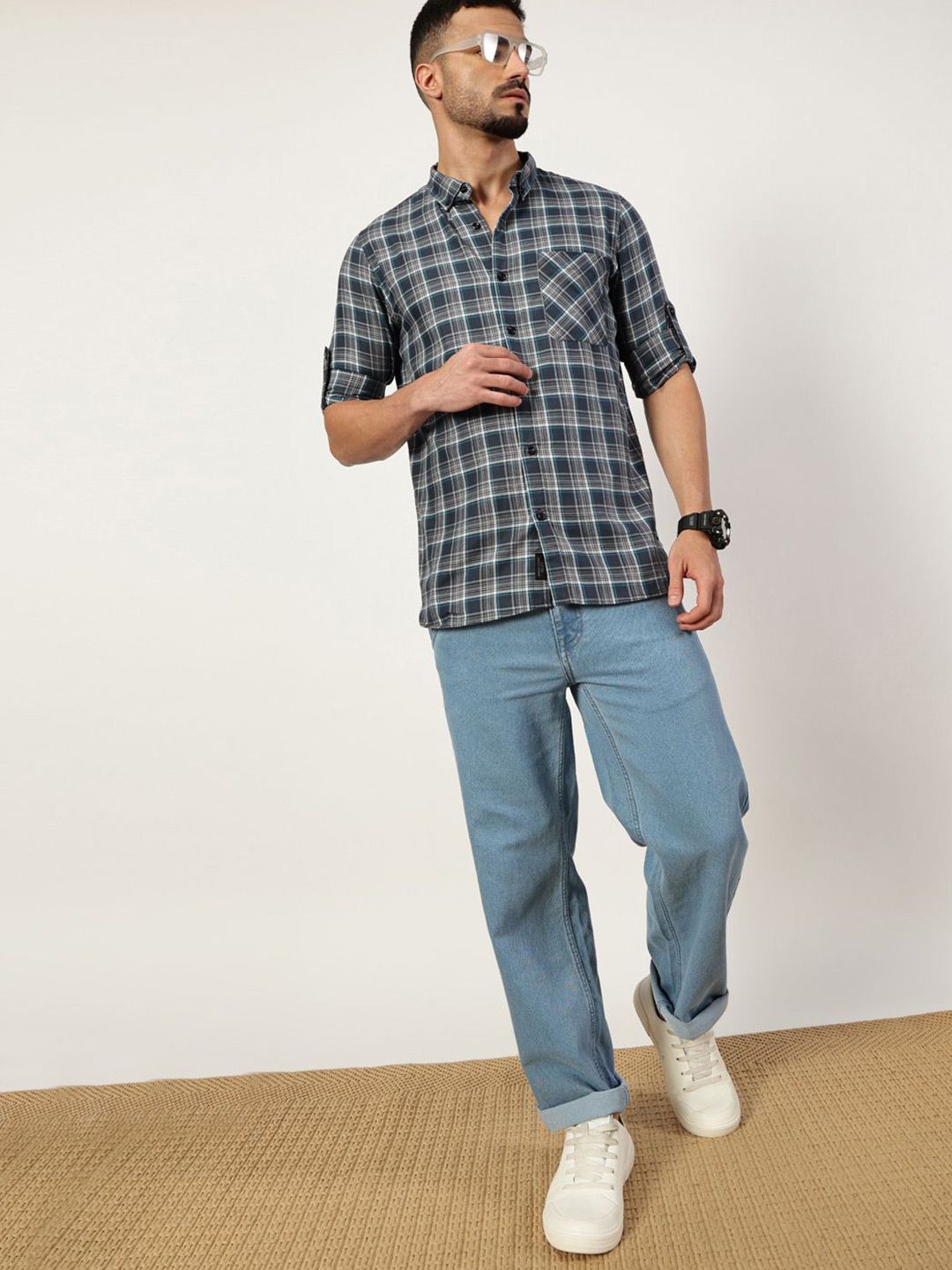 Thomas Scott Men Premium Spread Collar Checked Cotton Slim Fit Casual Shirt