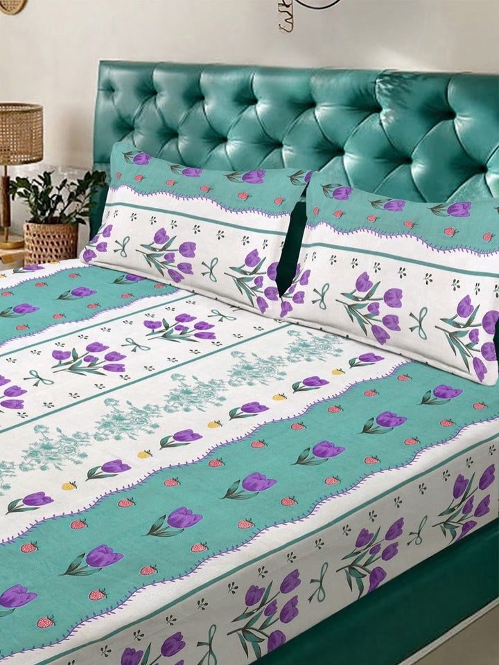 KLOTTHE Green Floral Polycotton 300 TC King Fine Bedsheet with 2 Pillow Covers-98 x 89 inches