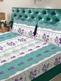 KLOTTHE Green Floral Polycotton 300 TC King Fine Bedsheet with 2 Pillow Covers-98 x 89 inches