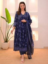 Kalini Floral Printed V-Neck Empire Anarkali Mirror Work Kurta With Trousers & Dupatta