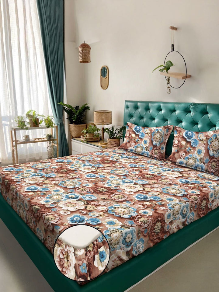 KLOTTHE Coklat Floral Printed Dilengkapi 300 TC King 7D Cadar Dengan 2 Sarung Bantal