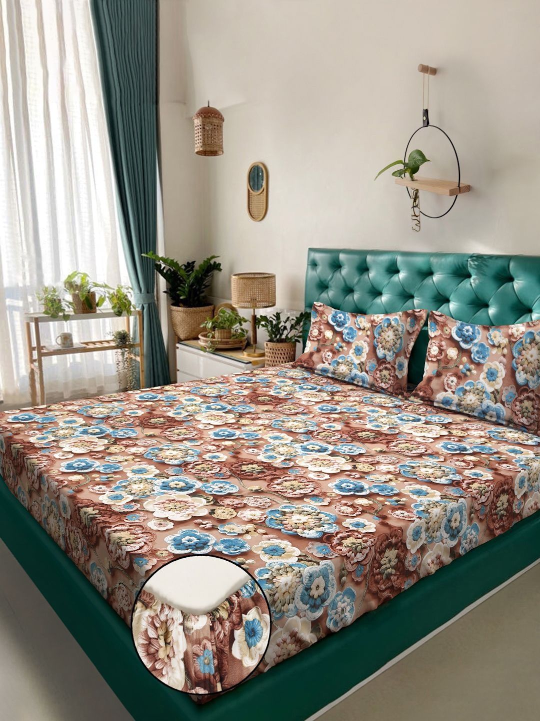 KLOTTHE Coklat Floral Printed Dilengkapi 300 TC King 7D Cadar Dengan 2 Sarung Bantal