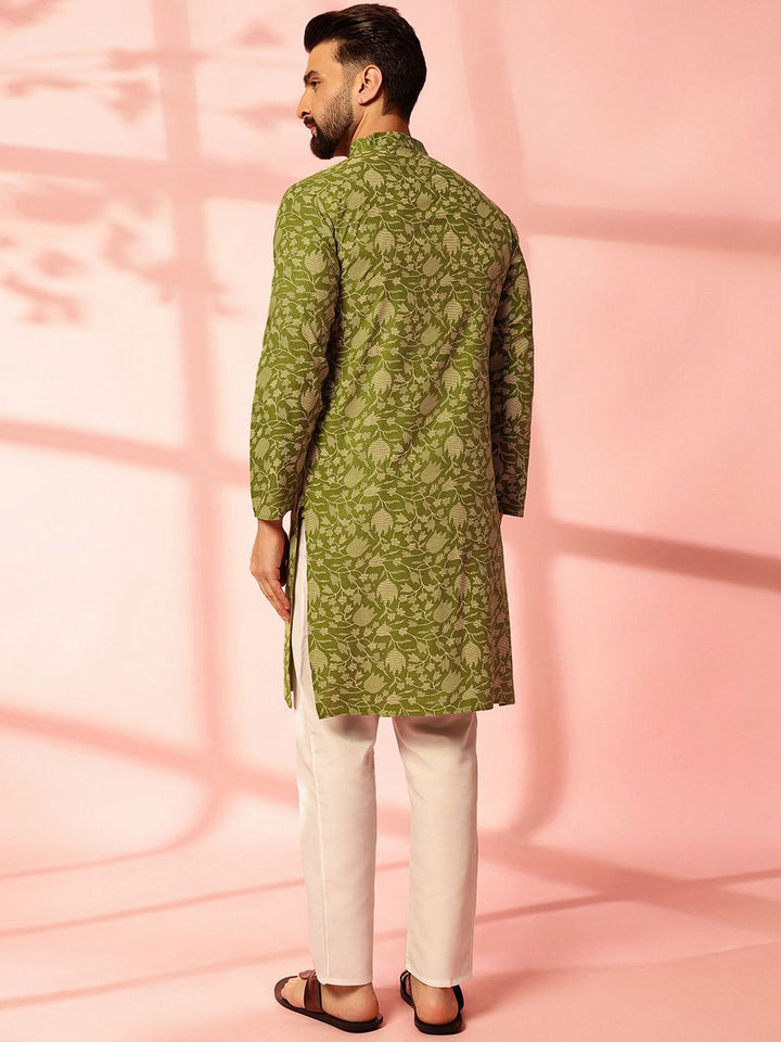 Anouk Floral Printed Band Collar Cotton Linen Straight Kurta